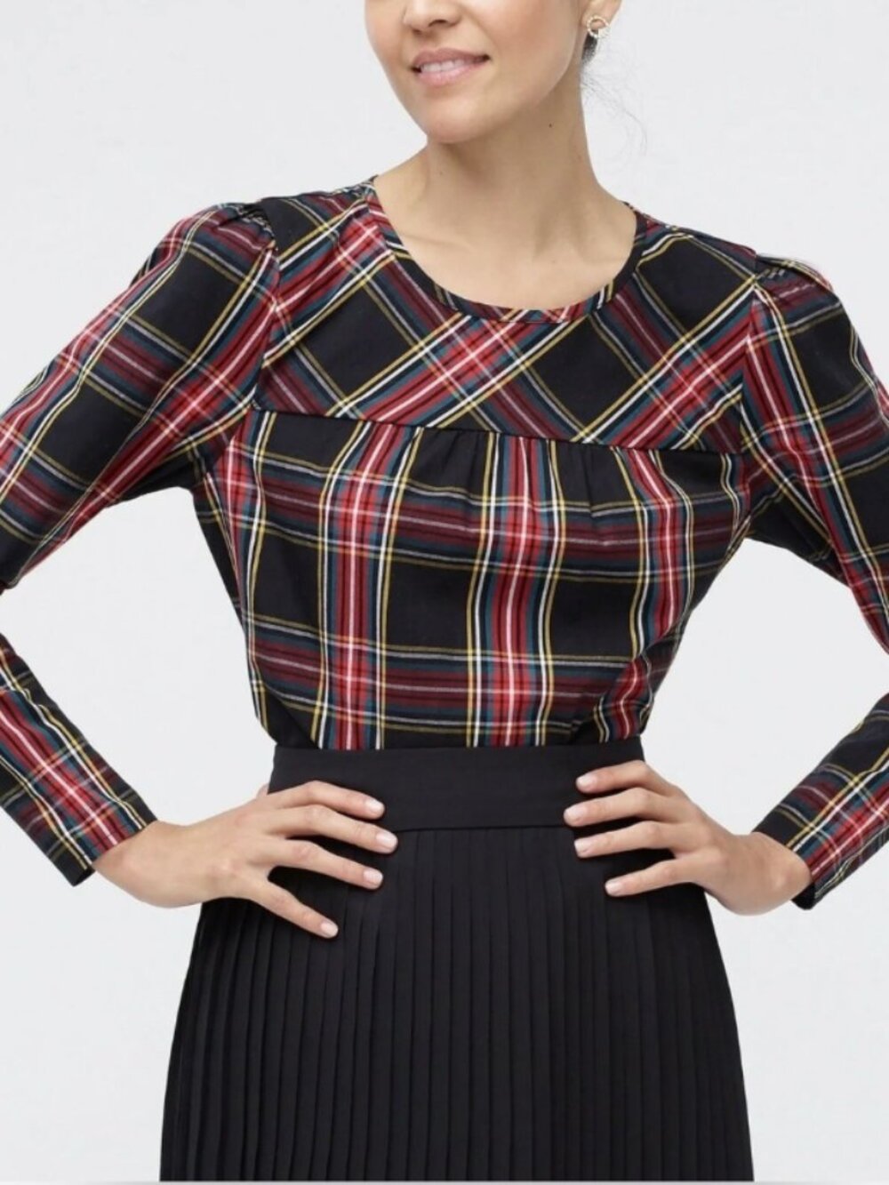 J Crew Stewart Tartan Plaid Puff-Sleeve Top Women's Size XS Black Red AG864